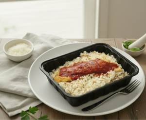 Merluza Apanada con Salsa Pomodoro y Arroz Árabe