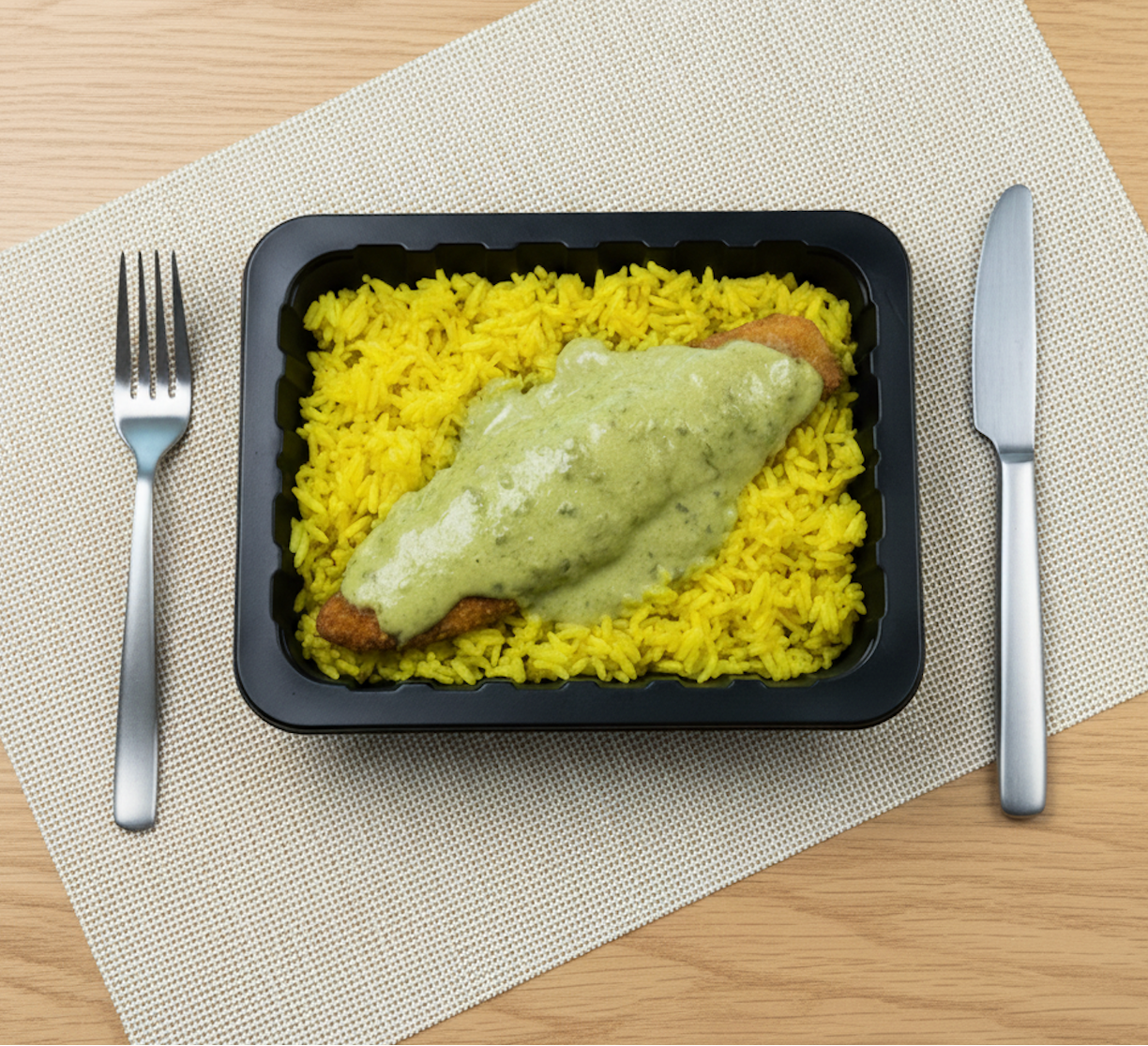 Merluza Apanada con Salsa de Espinaca y Arroz Curry.