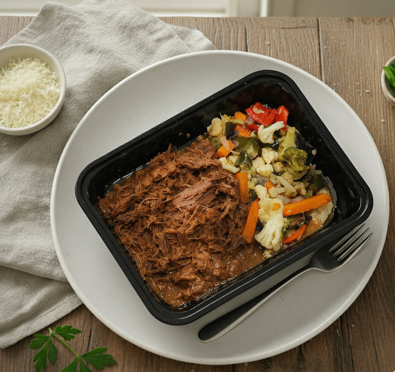 Desmechada  con Verduras Salteadas